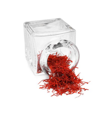 Aromatic saffron and glass jar isolated on white