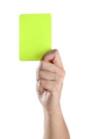 Arbitre tenant un carton jaune sur fond blanc, gros plan