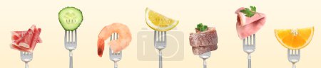 Photo for Forks with different food products on beige background, collection - Royalty Free Image