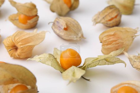 Ripe physalis fruits with calyxes on white background, closeup