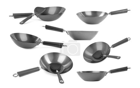 Photo for Empty metal woks isolated on white, set - Royalty Free Image