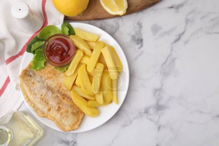 Photo for Delicious fish and chips with different products on light marble table, flat lay. Space for text - Royalty Free Image
