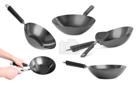 Empty metal woks isolated on white, set
