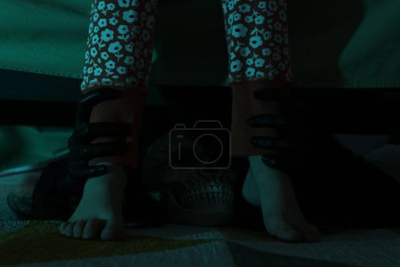 Téléchargez les photos : Monstre effrayant sous le lit saisir petite fille par les jambes dans l'obscurité, gros plan - en image libre de droit