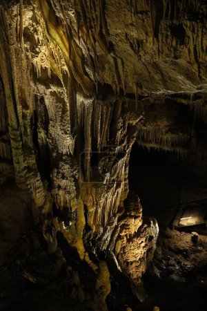 Picturesque view of many stalactite formations in cave