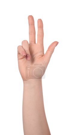 Photo for Playing rock, paper and scissors. Woman making scissors with her fingers on white background, closeup - Royalty Free Image