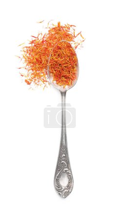 Aromatic saffron and spoon isolated on white, top view