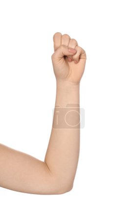 Photo for Playing rock, paper and scissors. Woman showing fist on white background, closeup - Royalty Free Image