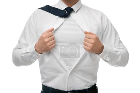Foto de Hombre de negocios con traje de superhéroe debajo del traje sobre fondo blanco, primer plano - Imagen libre de derechos