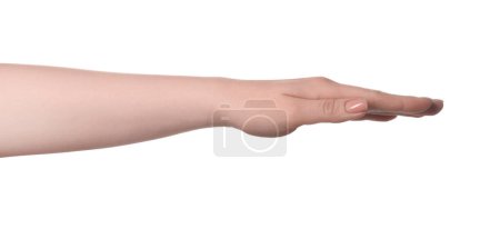 Photo for Playing rock, paper and scissors. Woman showing paper sign on white background, closeup - Royalty Free Image
