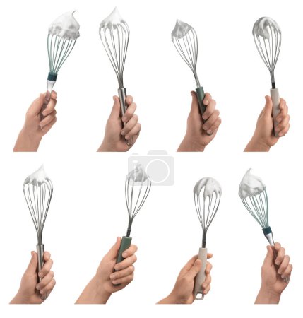 People holding whisks with cream on white background, closeup. Collection of photos