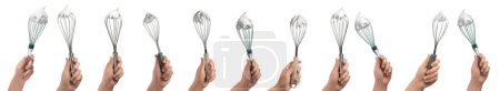 People holding whisks with cream on white background, closeup. Collection of photos