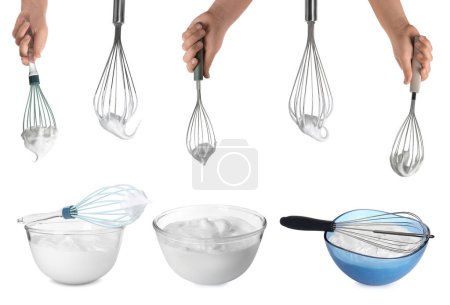 People holding whisks on white background, closeup. Bowls and whisks with cream