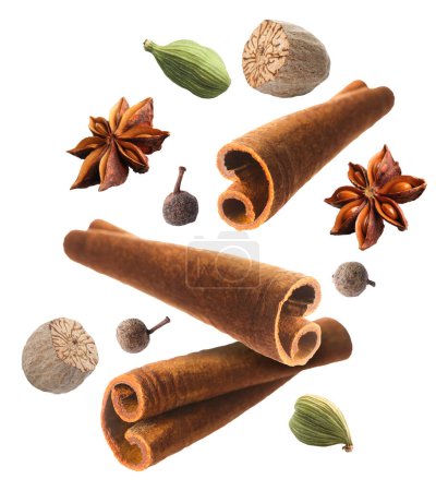 Photo for Cinnamon sticks and other aromatic spices falling on white background - Royalty Free Image