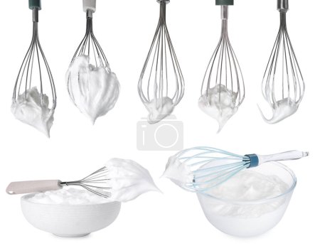 Whisks and bowls with cream isolated on white, collage