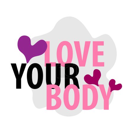 Foto de Frase Love Your Body y corazones sobre fondo blanco - Imagen libre de derechos