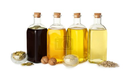 Photo for Vegetable fats. Bottles of different cooking oils and ingredients isolated on white - Royalty Free Image