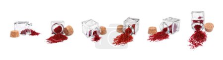 Aromatic saffron and glass jars isolated on white, set