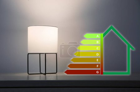 Foto de Etiqueta de eficiencia energética y lámpara en mesa de madera cerca de la pared gris en interiores - Imagen libre de derechos