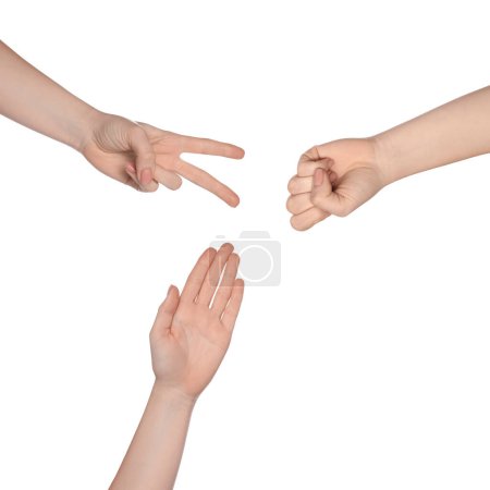 Photo for People playing rock, paper and scissors on white background, top view - Royalty Free Image