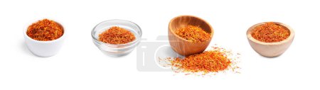 Aromatic saffron in bowls isolated on white, set