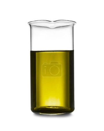 Beaker with yellow liquid isolated on white. Laboratory glassware