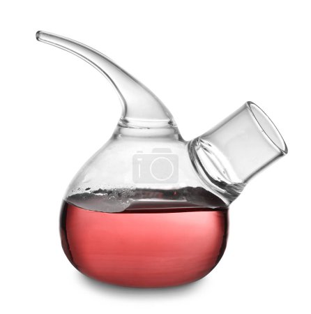 Photo for Retort flask with red liquid isolated on white. Laboratory glassware - Royalty Free Image