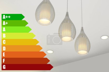 Foto de Etiqueta de eficiencia energética y lámpara colgante en el techo en interiores - Imagen libre de derechos