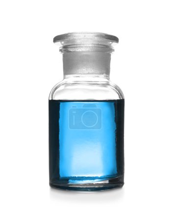 Photo for Reagent bottle with blue liquid isolated on white. Laboratory glassware - Royalty Free Image