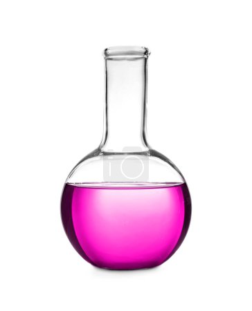 Photo for Boiling flask with pink liquid isolated on white. Laboratory glassware - Royalty Free Image