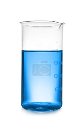 Beaker with blue liquid isolated on white. Laboratory glassware