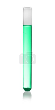 Photo for Test tube with green liquid isolated on white. Laboratory glassware - Royalty Free Image