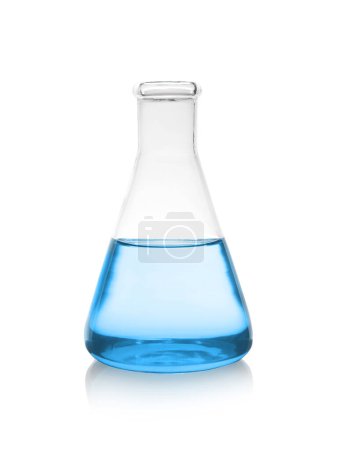Conical flask with blue liquid isolated on white. Laboratory glassware