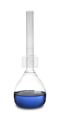 Photo for Measuring flask with blue liquid isolated on white. Laboratory glassware - Royalty Free Image