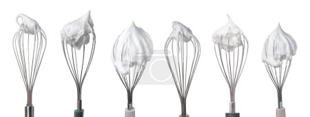 Many different whisks with cream isolated on white, collection