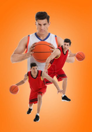 Schöner Sportler beim Basketballspielen auf orangefarbenem Hintergrund, Collage