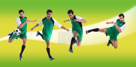 Schöner Sportler beim Fußballspielen auf hellgrünem Hintergrund, Collage