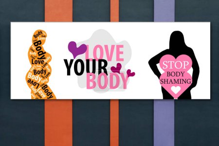 Acepta tu cuerpo y ámate a ti mismo. Póster con imágenes positivas del cuerpo en la pared de color