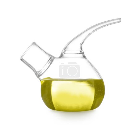 Photo for Retort flask with yellow liquid isolated on white. Laboratory glassware - Royalty Free Image