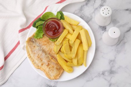 Photo for Delicious fish and chips with ketchup, spinach and lettuce on light marble table, flat lay - Royalty Free Image