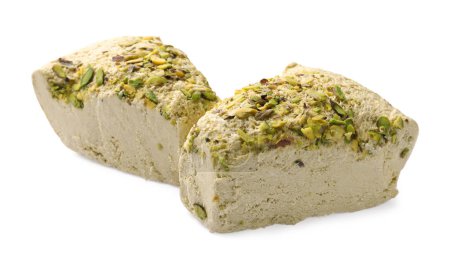 Photo for Pieces of tasty halva with pistachios on white background - Royalty Free Image