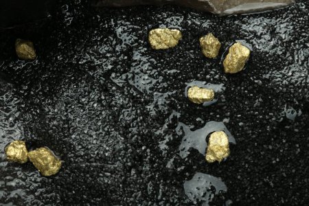 Photo for Shiny gold nuggets on wet stones, above view - Royalty Free Image