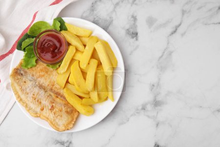 Photo for Delicious fish and chips with ketchup, spinach and lettuce on light marble table, top view. Space for text - Royalty Free Image