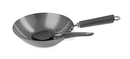 Photo for Metal wok and spatula isolated on white - Royalty Free Image