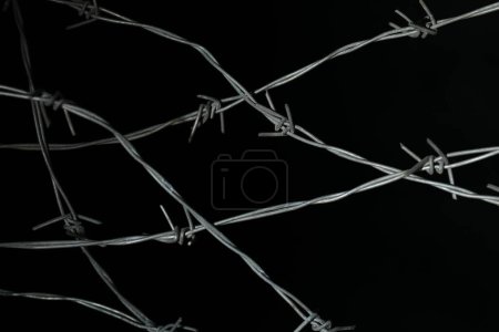 Brillante alambre de púas de metal sobre fondo negro