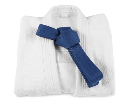 Photo for Blue karate belt and kimono isolated on white - Royalty Free Image