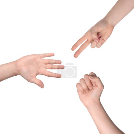 Photo for People playing rock, paper and scissors on white background, top view - Royalty Free Image
