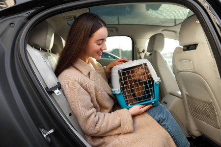 Lächelnde Frau mit Tragetuch, die mit Hund im Auto unterwegs ist