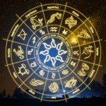 Zodiac wheel showing 12 signs against night sky