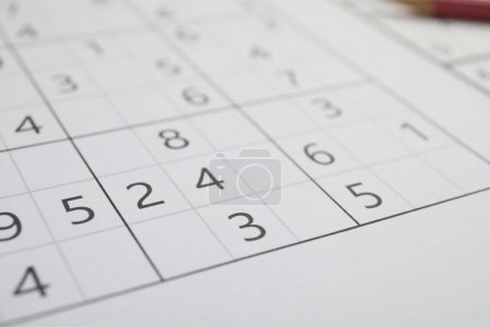 Foto de Sudoku rompecabezas cuadrícula como fondo, vista de cerca - Imagen libre de derechos